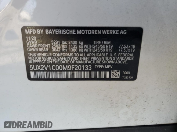2021 BMW X4 xDrive30i with VIN 5UX2V1C00M9F20133, listed as a Copart auction lot 68800753 with 0 mi miles. Bid and sale history available at carsss.com. Image 13.
