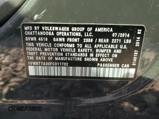 2015 Volkswagen Passat Sport с VIN 1VWBT7A30FC011702, выставлен на аукционе Copart как лот 56506125 с пробегом 115 399 миль миль и Чистый • Clean title. История ставок и продаж доступна на DreamBid. Изображение 12.
