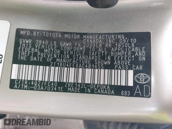 2010 Toyota Corolla with VIN 2T1BU4EEXAC481455, listed as a IAAI auction lot 41913528 with 146,150 mi miles. Bid and sale history available at carsss.com. Image 9.