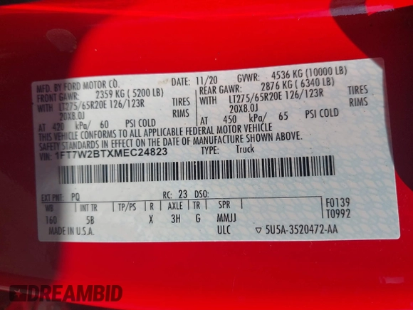 2021 Ford F-250 XL with VIN 1FT7W2BTXMEC24823, listed as a IAAI auction lot 42395257 with Not provided miles and . Bid and sale history available at DreamBid. Image 9.