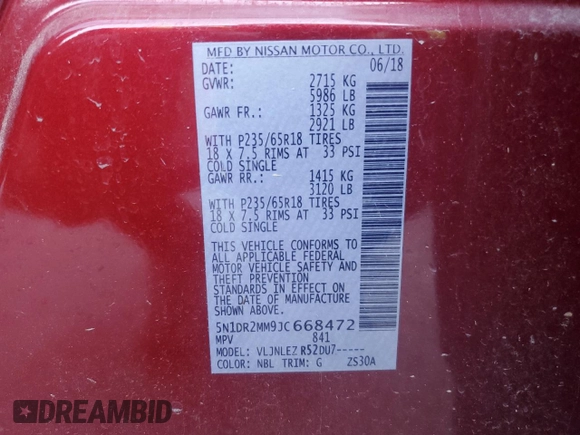 2018 Nissan Pathfinder SL with VIN 5N1DR2MM9JC668472, listed as a Copart auction lot 61376505 with 127,250 mi miles and Salvage title. Bid and sale history available at DreamBid. Image 13.