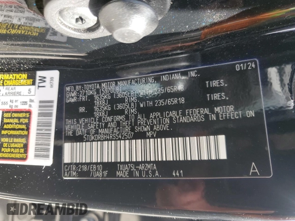 2024 Toyota Highlander LE with VIN 5TDKDRBH4RS542507, listed as a Copart auction lot 53318265 with 19,014 mi miles and Salvage title. Bid and sale history available at DreamBid. Image 15.