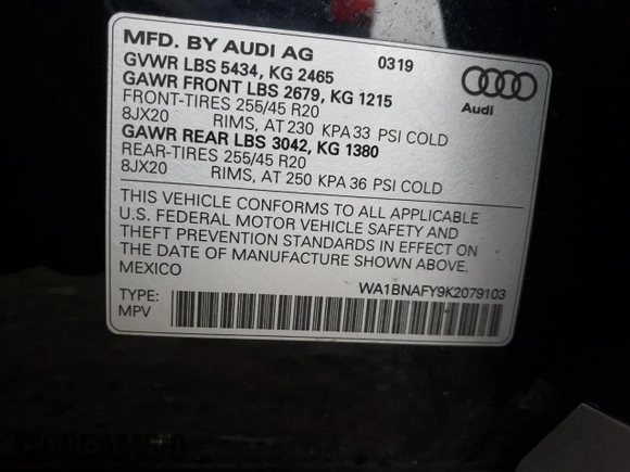 2019 Audi Q5 Premium Plus with VIN WA1BNAFY9K2079103, listed as a Copart auction lot 36428763 with 16,957 mi miles. Bid and sale history available at carsss.com. Image 13.