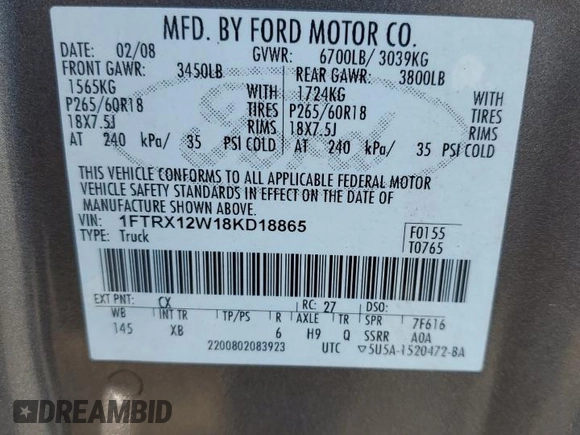 2008 Ford F-150 STX with VIN 1FTRX12W18KD18865, listed as a Copart auction lot 66065735 with 201,452 mi miles and Salvage title. Bid and sale history available at DreamBid. Image 12.