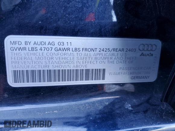 2011 Audi A4 2.0T Premium Plus with VIN WAUEFAFL8BN047386, listed as a Copart auction lot 45403615 with 129,534 mi miles and Clean Title. Bid and sale history available at carsss.com. Image 12.