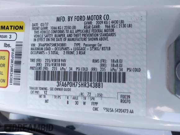 2017 Ford Fusion SE with VIN 3FA6P0H75HR343881, listed as a IAAI auction lot 41855068 with 44,141 mi miles. Bid and sale history available at carsss.com. Image 9.