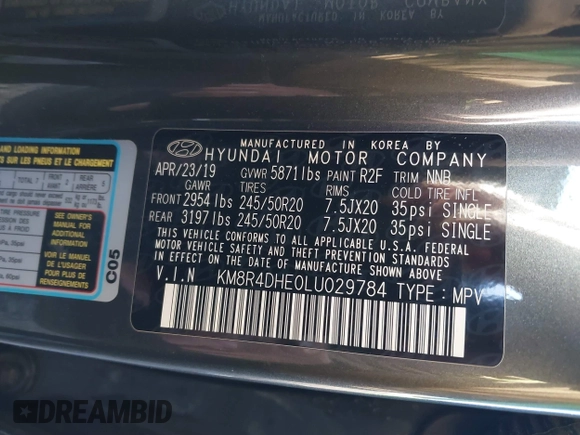 2020 Hyundai Palisade SEL z VIN KM8R4DHE0LU029784, wystawiony jako IAAI lot #41589568 z przebiegiem 61 804 mil mil oraz . Historia ofert i sprzedaży dostępna na DreamBid. Obrazek 9.