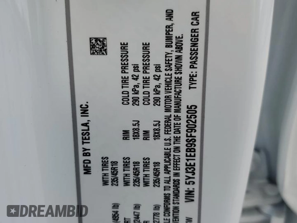 2025 Tesla Model 3 Long Range with VIN 5YJ3E1EB9SF902505, listed as a Copart auction lot 49849535 with 1,977 mi miles and Salvage Title. Bid and sale history available at DreamBid. Image 12.