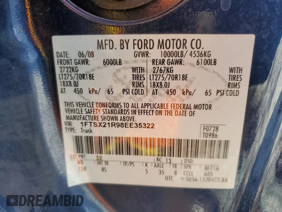 2008 Ford Super Duty F-250 SRW XL with VIN 1FTSX21R98EE35322, listed as a Copart auction lot 48799265 with 180,153 mi miles and Salvage Title. Bid and sale history available at carsss.com. Image 12.