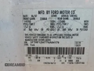 2007 Ford F-150 XL with VIN 1FTRF12W77NA84179, listed as a Copart auction lot 70638254 with 153,849 mi miles and Clean Title. Bid and sale history available at carsss.com. Image 12.