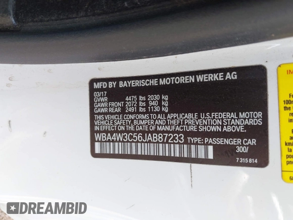 2018 BMW 4 Series 430i with VIN WBA4W3C56JAB87233, listed as a IAAI auction lot 42079528 with 104,991 mi miles and . Bid and sale history available at DreamBid. Image 9.