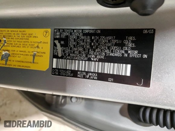 2004 Lexus RX 330 with VIN JTJHA31U640039049, listed as a Copart auction lot 45350055 with 259,602 mi miles and Clean Title. Bid and sale history available at carsss.com. Image 13.