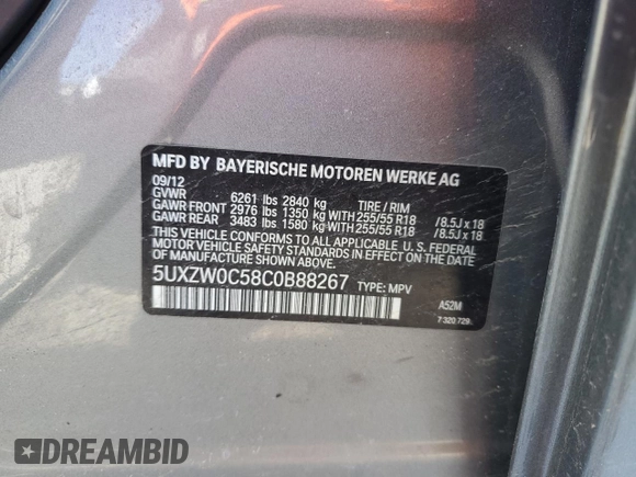 2012 BMW X5 35d with VIN 5UXZW0C58C0B88267, listed as a Copart auction lot 54160615 with Not provided miles and Salvage title. Bid and sale history available at DreamBid. Image 13.