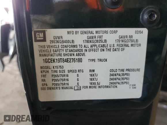 2004 Chevrolet Silverado 1500 with VIN 1GCEK19T84E276180, listed as a Copart auction lot 44925035 with Not Provided miles and Salvage Title. Bid and sale history available at DreamBid. Image 12.