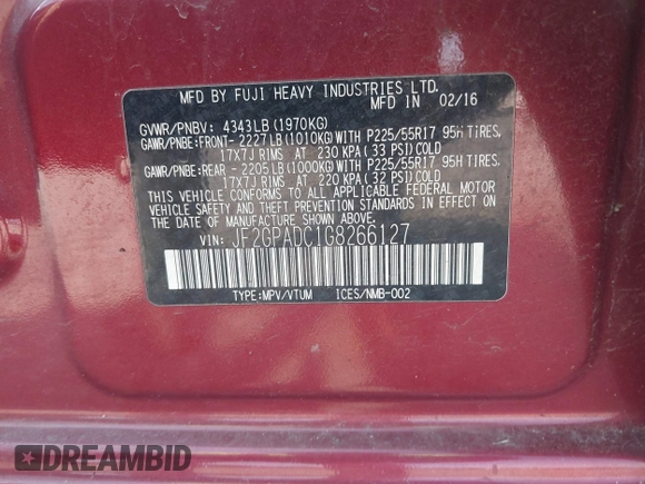 2016 Subaru Crosstrek Premium with VIN JF2GPADC1G8266127, listed as a IAAI auction lot 42668344 with 65,555 mi miles and . Bid and sale history available at DreamBid. Image 9.
