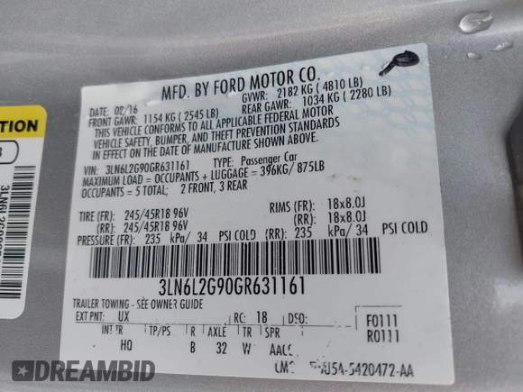 2016 Lincoln MKZ with VIN 3LN6L2G90GR631161, listed as a IAAI auction lot 42063610 with 63,336 mi miles. Bid and sale history available at carsss.com. Image 9.