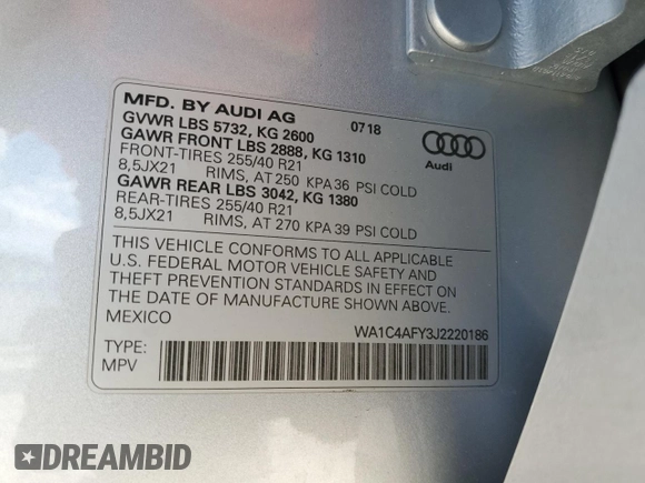 2018 Audi SQ5 Prestige with VIN WA1C4AFY3J2220186, listed as a Copart auction lot 40468764 with 19,476 mi miles and Non Repairable. Bid and sale history available at DreamBid. Image 14.