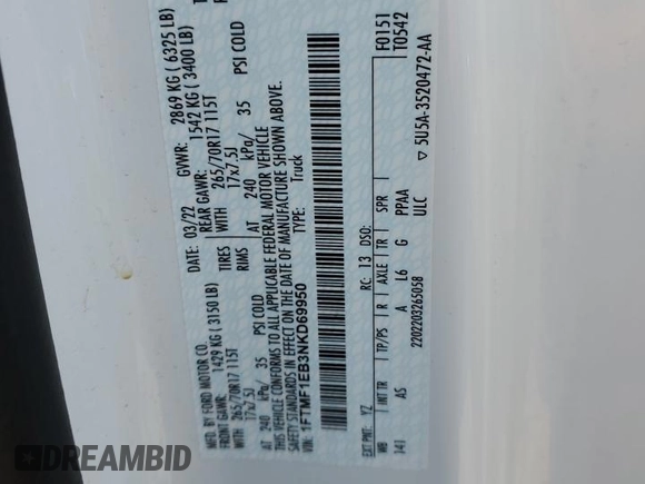 2022 Ford F-150 XL with VIN 1FTMF1EB3NKD69950, listed as a Copart auction lot 87855855 with 37,001 mi miles and Salvage title. Bid and sale history available at DreamBid. Image 13.