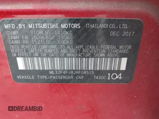 2018 Mitsubishi Mirage G4 SE with VIN ML32F4FJ8JHF08515, listed as a IAAI auction lot 41126359 with 115,006 mi miles. Bid and sale history available at carsss.com. Image 9.