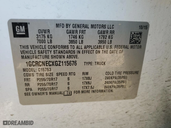 2016 Chevrolet Silverado 1500 Work Truck with VIN 1GCRCNECXGZ115676, listed as a Copart auction lot 49923545 with 184,114 mi miles and Salvage Title. Bid and sale history available at carsss.com. Image 12.