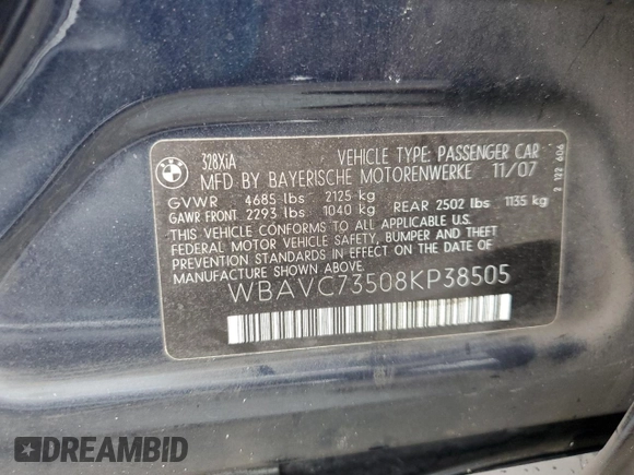 2008 BMW 3 Series 328xi with VIN WBAVC73508KP38505, listed as a Copart auction lot 63441095 with 101,315 mi miles and Salvage title. Bid and sale history available at DreamBid. Image 13.