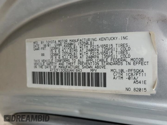 2002 Toyota Sienna LE with VIN 4T3ZF13C62U441843, listed as a Copart auction lot 57084835 with 370,487 mi miles and Clean Title. Bid and sale history available at DreamBid. Image 12.
