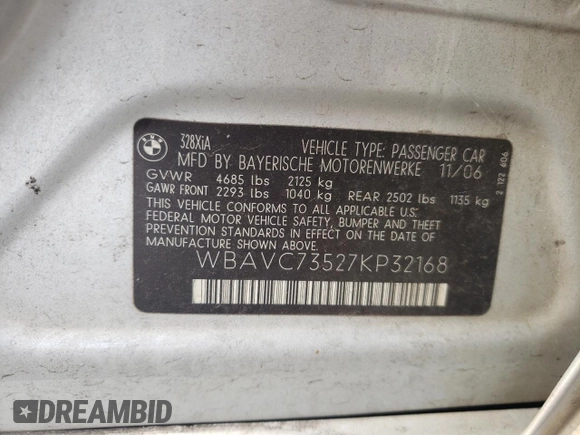 2007 BMW 3 Series 328xi with VIN WBAVC73527KP32168, listed as a Copart auction lot 63793745 with 145,786 mi miles and Salvage title. Bid and sale history available at DreamBid. Image 12.