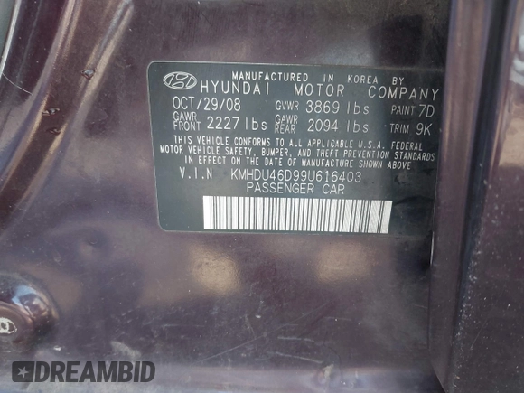 2009 Hyundai Elantra GLS with VIN KMHDU46D99U616403, listed as a IAAI auction lot 41692130 with 246,754 mi miles and . Bid and sale history available at DreamBid. Image 9.