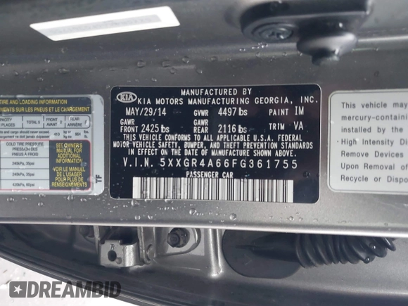 2015 Kia Optima SX Turbo with VIN 5XXGR4A66FG361755, listed as a IAAI auction lot 41199887 with 114,179 mi miles. Bid and sale history available at carsss.com. Image 9.