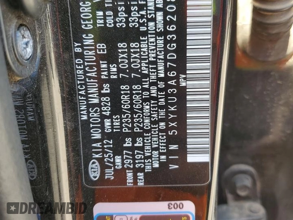 2013 Kia Sorento EX with VIN 5XYKU3A67DG362084, listed as a Copart auction lot 50075055 with 122,770 mi miles and Salvage Title. Bid and sale history available at DreamBid. Image 13.