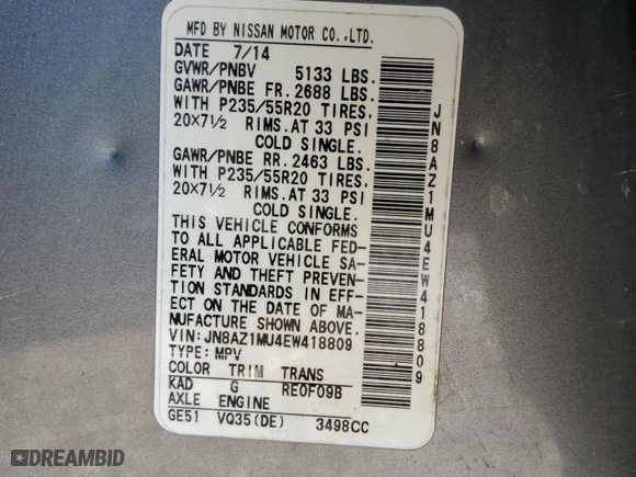 2014 Nissan Murano LE with VIN JN8AZ1MU4EW418809, listed as a Copart auction lot 49585985 with 130,694 mi miles and Salvage Title. Bid and sale history available at carsss.com. Image 15.
