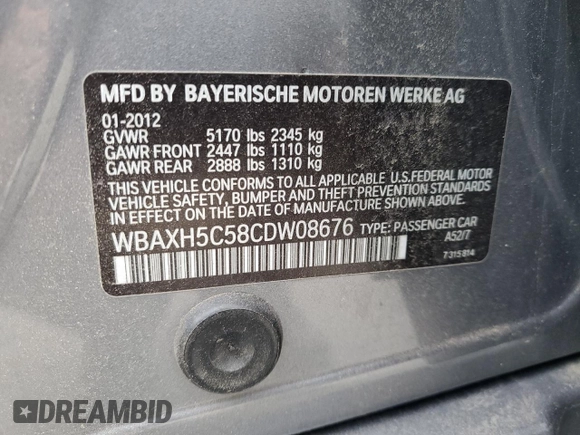 2012 BMW 5 Series 528i xDrive with VIN WBAXH5C58CDW08676, listed as a Copart auction lot 56765105 with 105,147 mi miles and Salvage title. Bid and sale history available at DreamBid. Image 13.