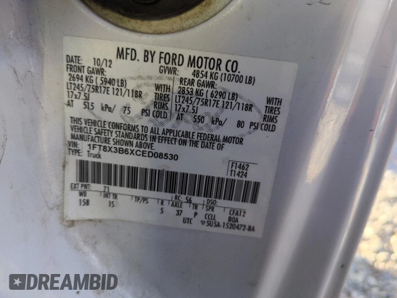 2012 Ford F-350 XL with VIN 1FT8X3B6XCED08530, listed as a Copart auction lot 81821204 with 296,182 mi miles and Salvage title. Bid and sale history available at DreamBid. Image 12.