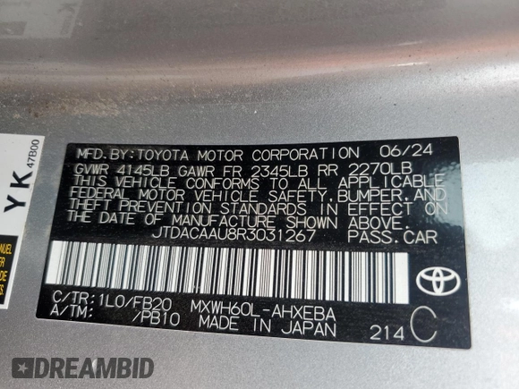 2024 Toyota Prius LE with VIN JTDACAAU8R3031267, listed as a Copart auction lot 53979715 with Not Provided miles and Clean Title. Bid and sale history available at DreamBid. Image 12.