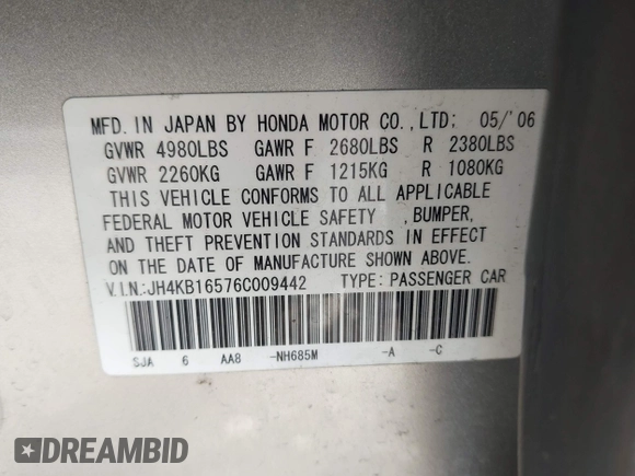 2006 Acura RL with VIN JH4KB16576C009442, listed as a IAAI auction lot 41945210 with 204,346 mi miles and . Bid and sale history available at DreamBid. Image 9.
