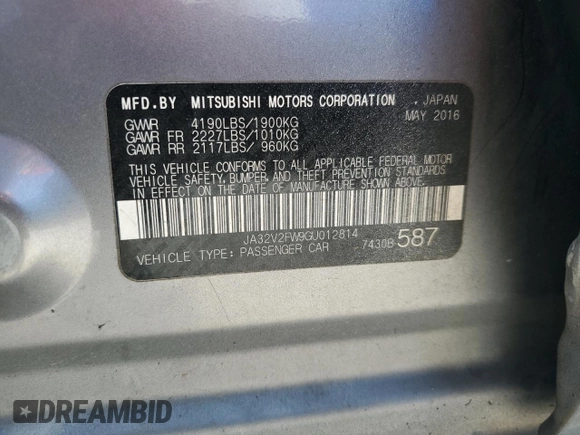 2016 Mitsubishi Lancer SE with VIN JA32V2FW9GU012814, listed as a Copart auction lot 67021084 with 66,902 mi miles and Salvage Title. Bid and sale history available at carsss.com. Image 12.