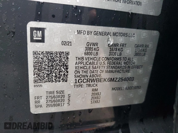 2021 Chevrolet Silverado 1500 Custom with VIN 1GCRWBEK6MZ254003, listed as a Copart auction lot 42104045 with 52,684 mi miles and Salvage Title. Bid and sale history available at DreamBid. Image 12.