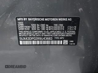 2024 BMW X3 sDrive30i with VIN 5UX43DP02R9U43683, listed as a IAAI auction lot 41432529 with 2,130 mi miles and . Bid and sale history available at DreamBid. Image 9.