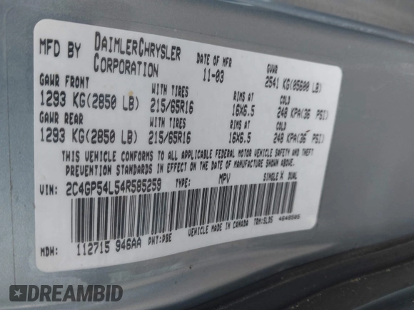 2004 Chrysler Town & Country Touring with VIN 2C4GP54L54R585259, listed as a IAAI auction lot 41934045 with 211,376 mi miles and . Bid and sale history available at DreamBid. Image 9.