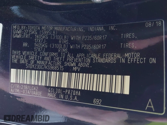 2019 Toyota Sienna XLE Auto Access Seat с VIN 5TDYZ3DC7KS968515, выставлен на аукционе IAAI как лот 42054186 с пробегом 79 956 миль миль и . История ставок и продаж доступна на DreamBid. Изображение 9.