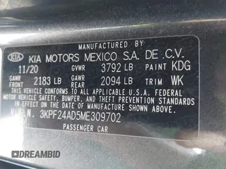2021 Kia Forte LXS with VIN 3KPF24AD5ME309702, listed as a IAAI auction lot 41992202 with 69,531 mi miles and . Bid and sale history available at DreamBid. Image 9.