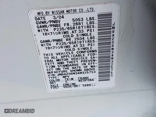 2004 Nissan Murano SE with VIN JN8AZ08W34W325753, listed as a IAAI auction lot 38803537 with 1 mi miles. Bid and sale history available at carsss.com. Image 9.