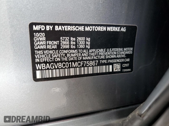 2021 BMW 8 Series M850i with VIN WBAGV8C01MCF75867, listed as a Copart auction lot 62779863 with 24,033 mi miles and . Bid and sale history available at DreamBid. Image 15.