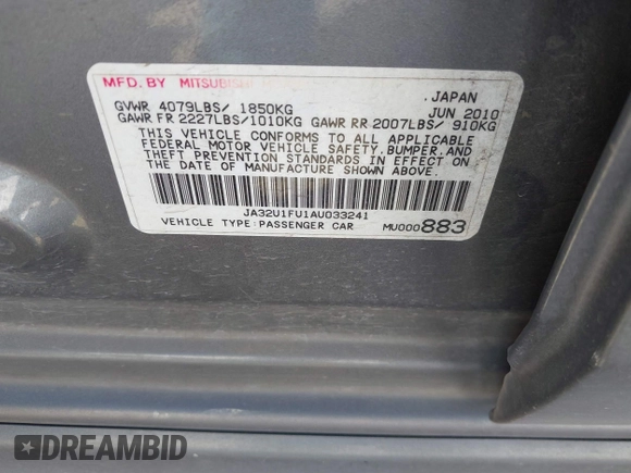 2010 Mitsubishi Lancer DE with VIN JA32U1FU1AU033241, listed as a IAAI auction lot 41805976 with 214,606 mi miles. Bid and sale history available at carsss.com. Image 9.