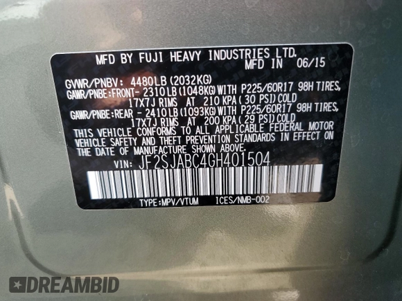 2016 Subaru Forester 2.5i with VIN JF2SJABC4GH401504, listed as a Copart auction lot 69479432 with 27,240 mi miles and . Bid and sale history available at DreamBid. Image 13.