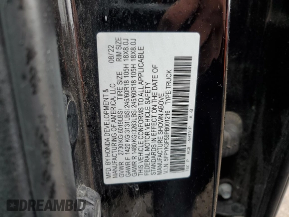 2023 Honda Ridgeline RTL with VIN 5FPYK3F59PB001216, listed as a Copart auction lot 57147385 with 43,452 mi miles and Salvage title. Bid and sale history available at DreamBid. Image 12.