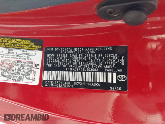 2006 Toyota Solara SE z VIN 4T1FA38P16U103693, wystawiony jako IAAI lot #42333710 z przebiegiem 150 785 mil mil oraz . Historia ofert i sprzedaży dostępna na DreamBid. Obrazek 9.