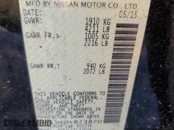 2015 Nissan Altima S with VIN 1N4AL3AP7FN873870, listed as a Copart auction lot 46991785 with 218,223 mi miles and Clean Title. Bid and sale history available at DreamBid. Image 12.