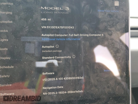 2025 Tesla Model 3 Long Range с VIN 5YJ3E1EA7SF001043, выставлен на аукционе Copart как лот 57250565 с пробегом 456 миль миль и Списание • Salvage title. История ставок и продаж доступна на DreamBid. Изображение 9.
