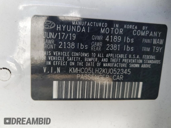 2019 Hyundai Ioniq Limited z VIN KMHC05LH2KU052345, wystawiony jako Copart lot #78906854 z przebiegiem 33 653 mil mil oraz Szkoda całkowita • Salvage title. Historia ofert i sprzedaży dostępna na DreamBid. Obrazek 12.